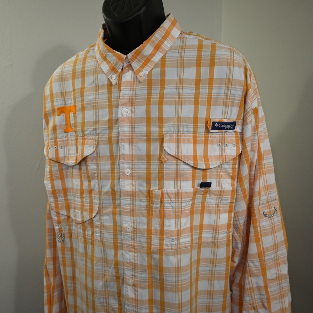 Columbia Vented Fishing Shirt Mens XXL Tennessee Vols Orange Plaid PFG Long